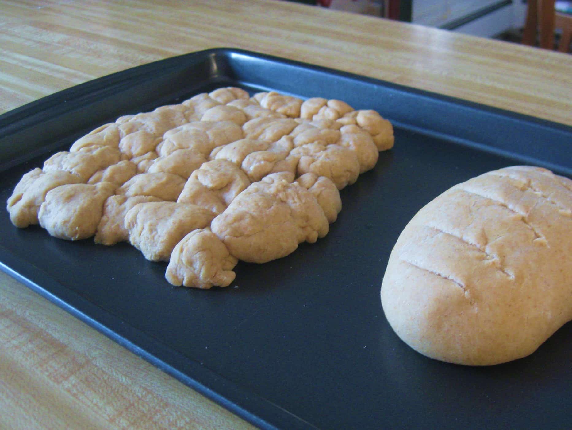 bread dough on cookie sheet on table, bread making