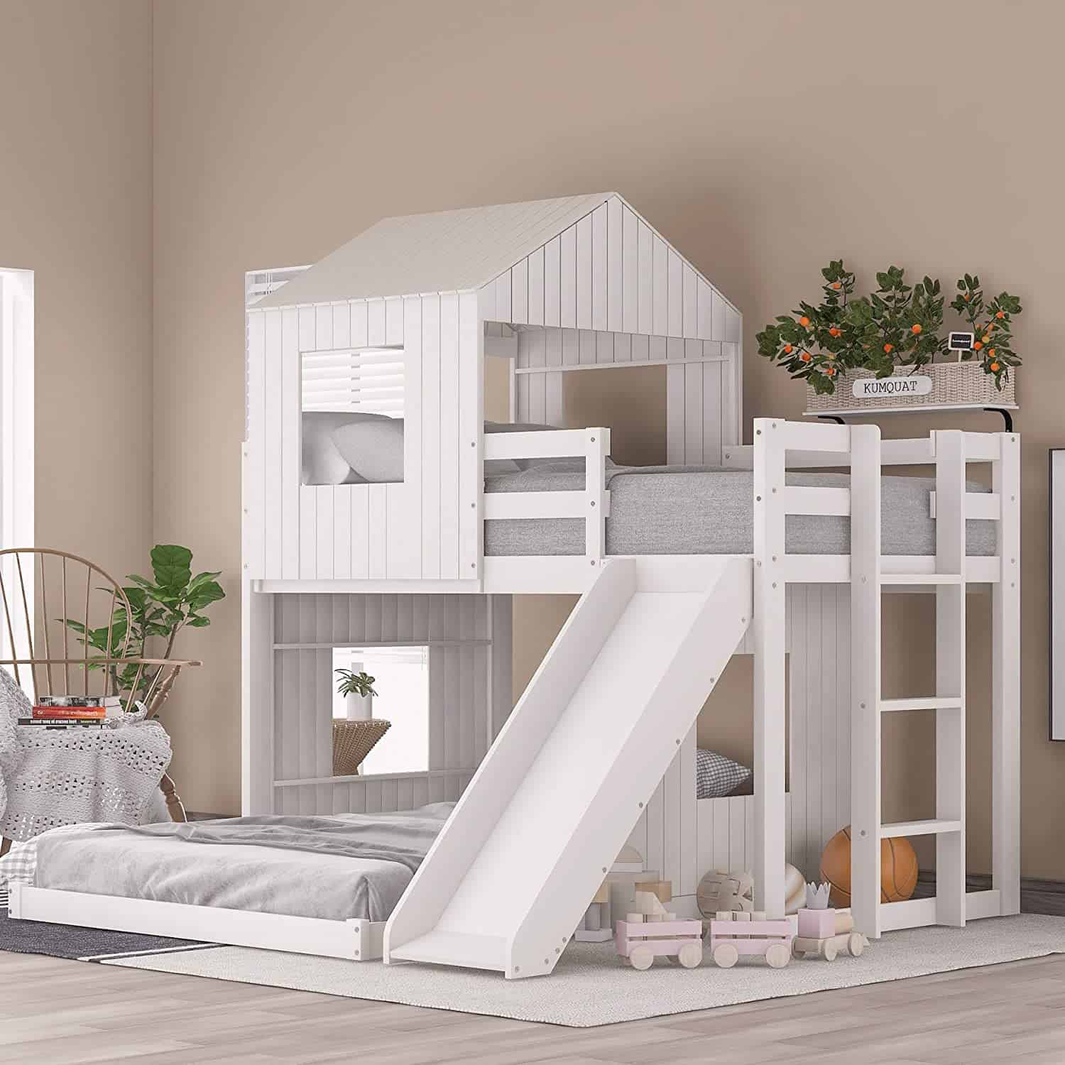 white kids bunk bed with shiplap, ladder, and slide