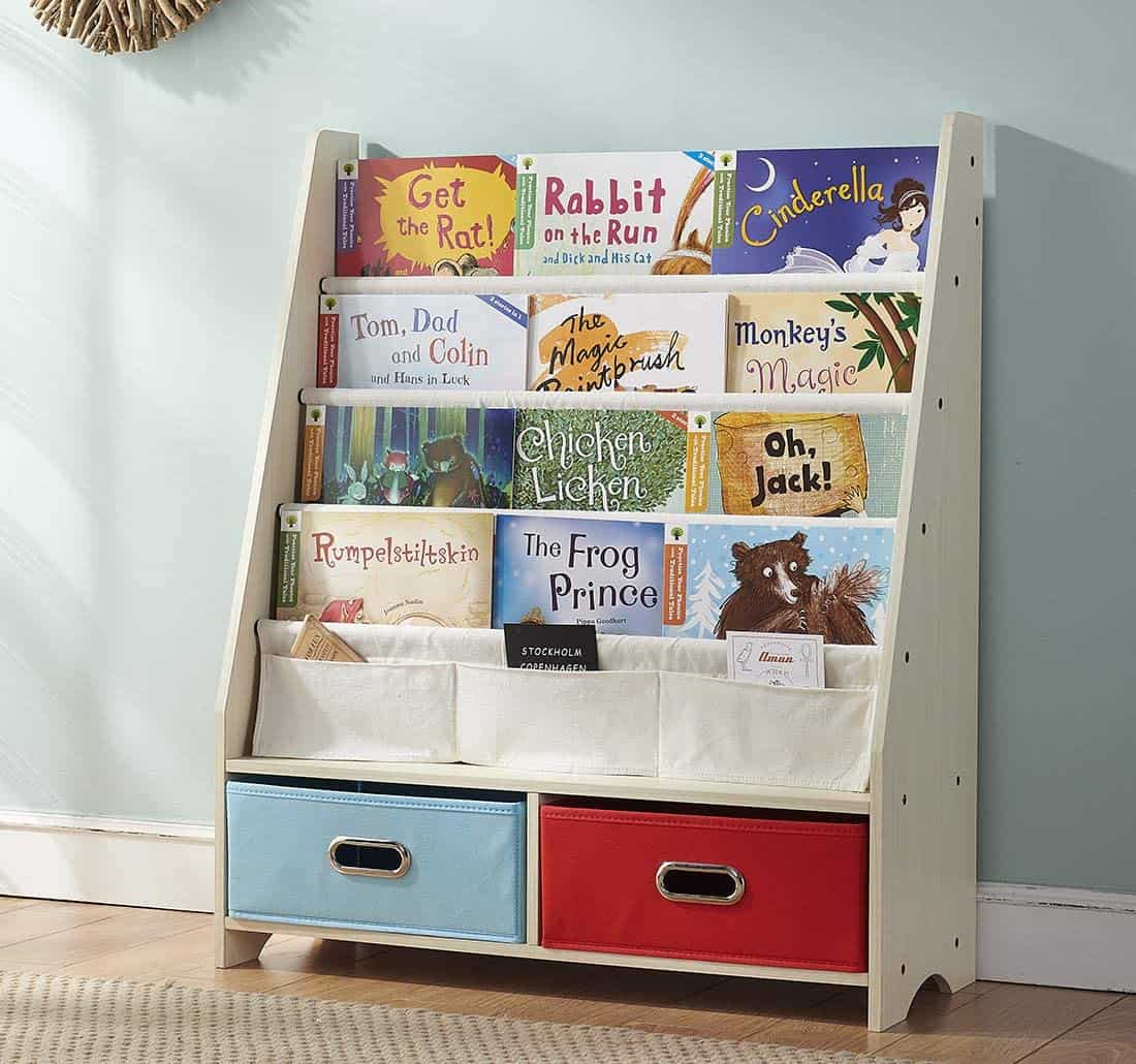 kids book rack with two drawers with children's books