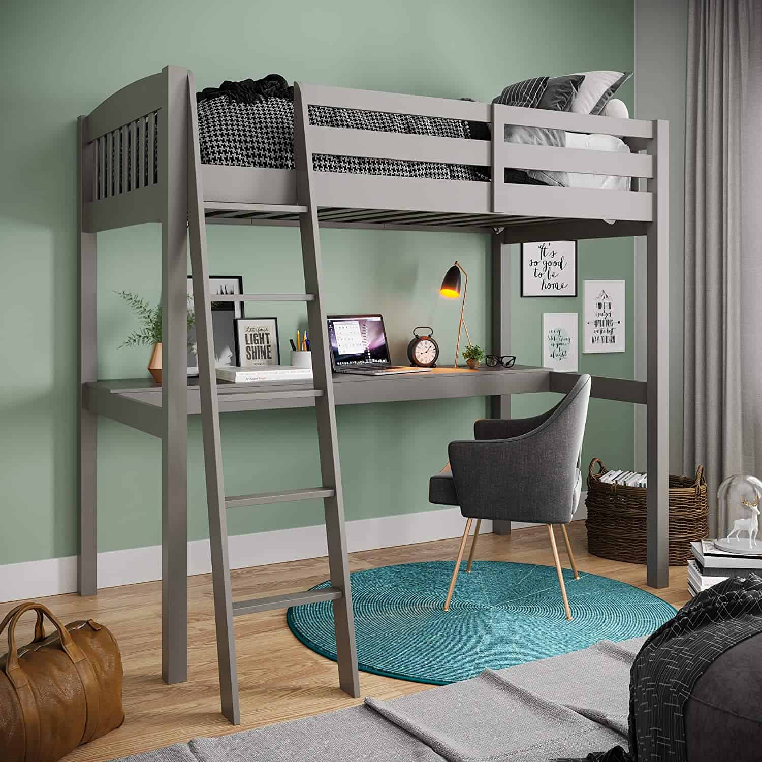 gray loft bed with desk and ladder