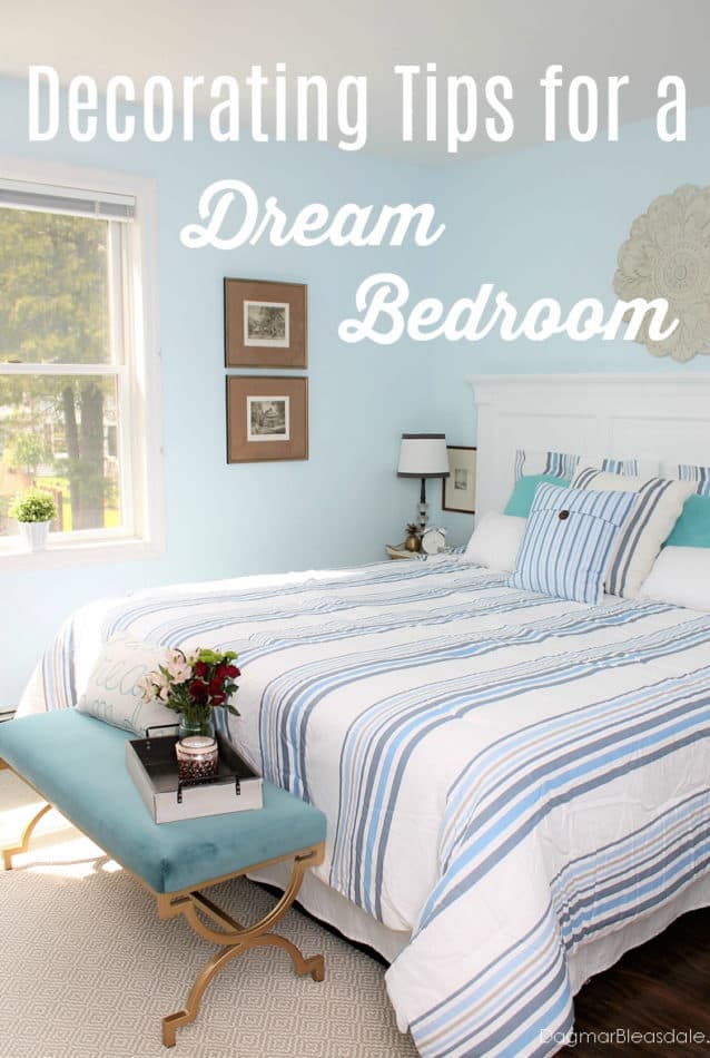 picture of a blue bedroom with bed, description for a pin about dream bedroom tips
