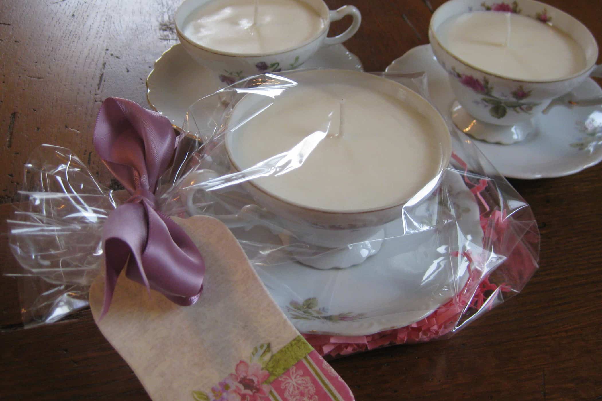 teacups candle wrapped as gift