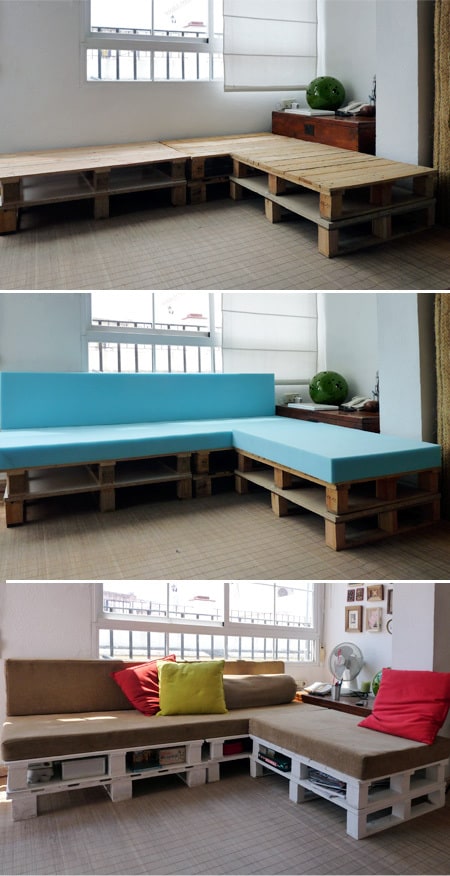 three pictures of how to make a sofa out of pallets