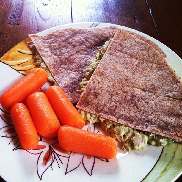Tuna Salad Wrap with Avocado Mayonnaise and carrots