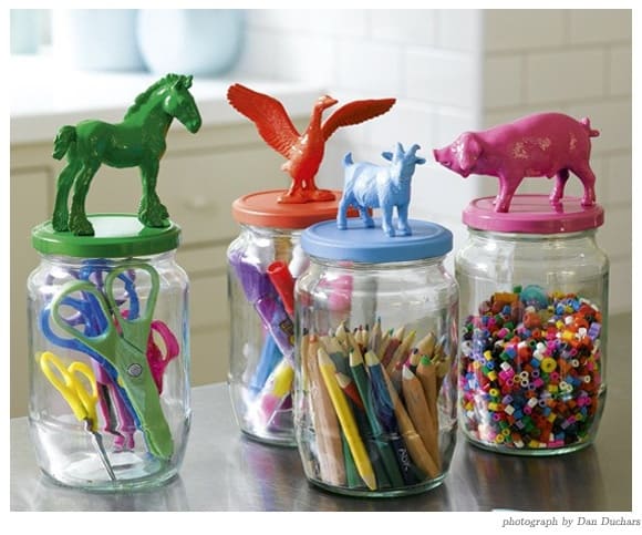 glass jars with DIY painted animals lids