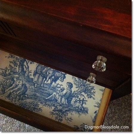 DIY dresser makeover with toile wallpaper