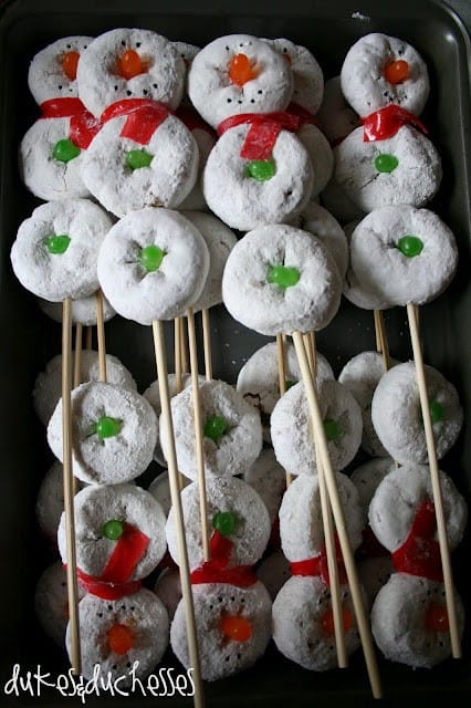 Christmas treats: donuts on a stick make a snowman