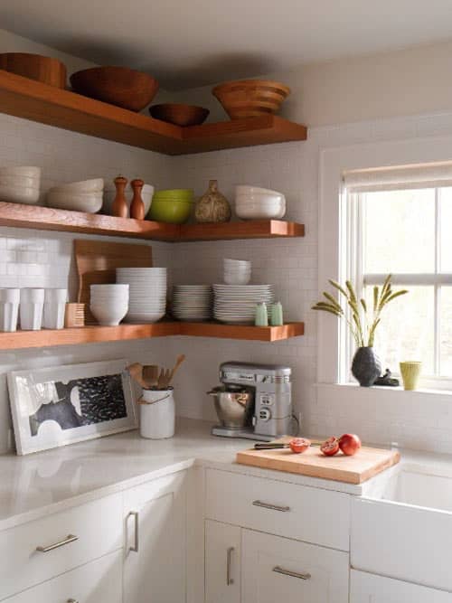 floating open shelving in kitchen