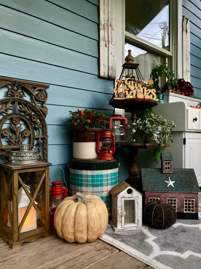porch with vintage farmhouse decor and dresser
