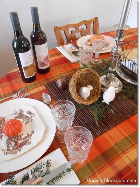 Thanksgiving table setting with transferware and glasses