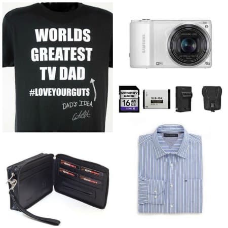 set of Father's Day gifts, T-shirt, camera, shirt, travel portfolio