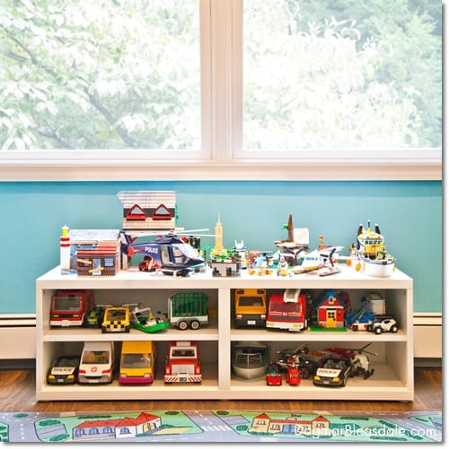 IKEA toy storage on shelf, toy car collection 
