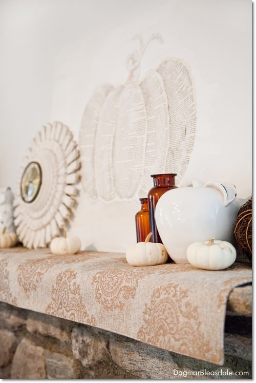 neutral fall mantel and book pages pumpkin, DagmarBleasdale.com