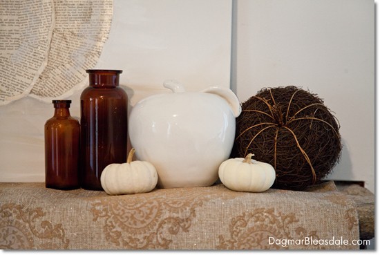 brown and white fall decor on mantel