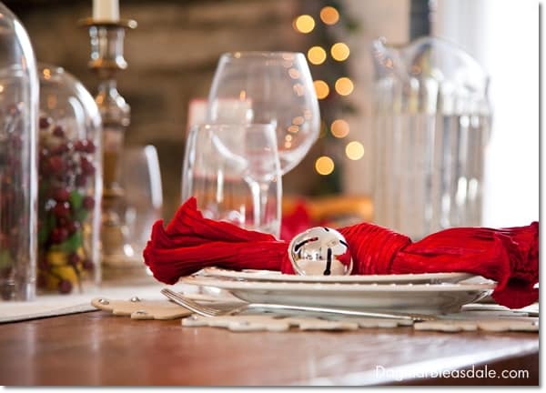 cloche centerpiece Christmas decor and table setting