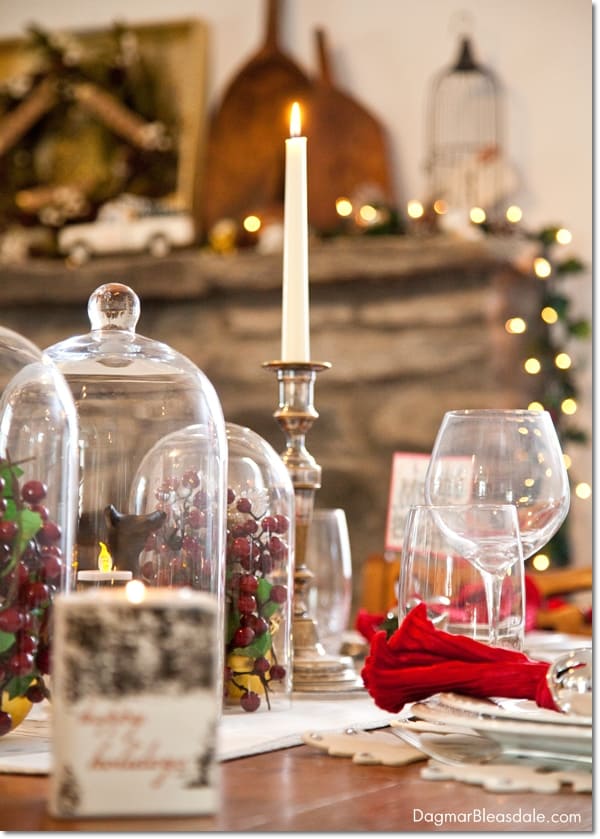 cloche centerpiece Christmas decor and table setting