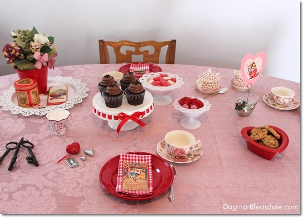 Valentine's Day tablescape with vintage teacups and Valentines