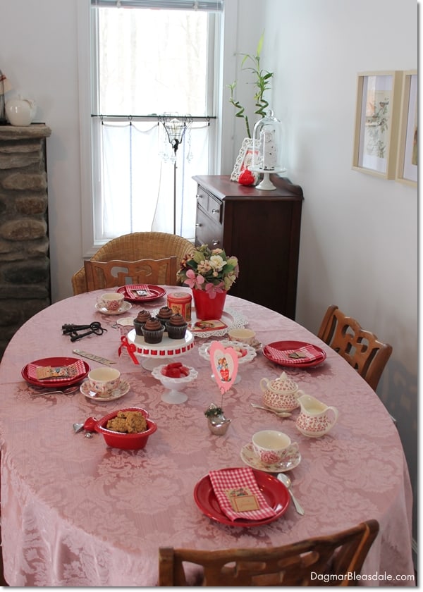 living room with Valentine's Day table setting