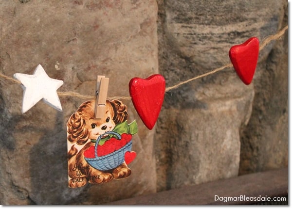 Valentine's Day banner with red wooden heart and vintage Valentine