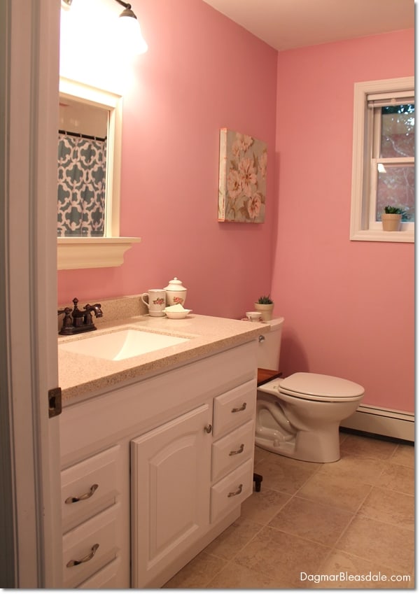 bathroom with sink and toilet, white and pink decor