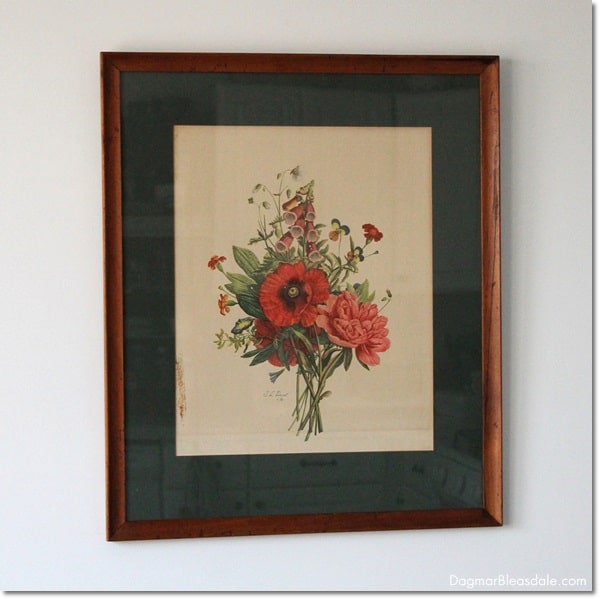 vintage flowers print with green mat and wood frame