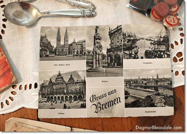 Vintage Bremen postcard, rinkets, silver spoons, papergoods