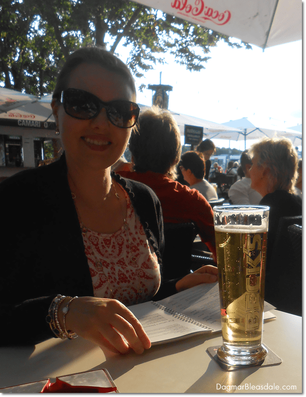woman in beer garden with beer