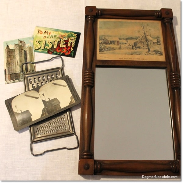 vintage Currier and Ives Mirror, grater, photo and postcards