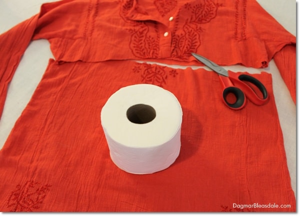 orange shirt and toilet paper roll and scissors