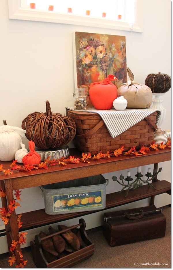 fall decor with DIY fabric pumpkins on shelf
