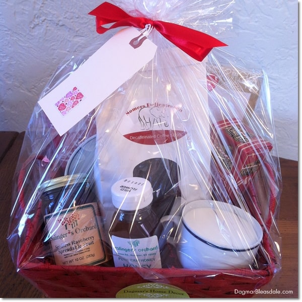 gift basket with coffee, candle, and jelly