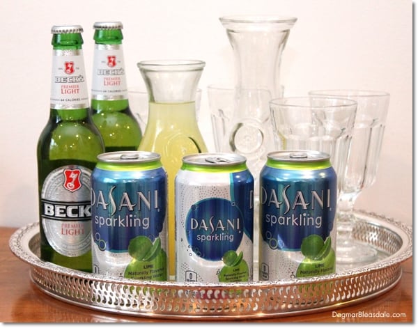 Beck's beer bottles and glasses on tray