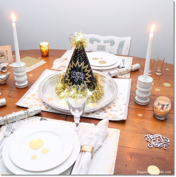 New Year's Eve Party table decor with hat and plates