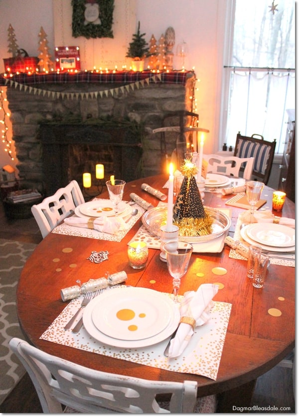 New Year's Eve Party decor in cottage with stone fireplace