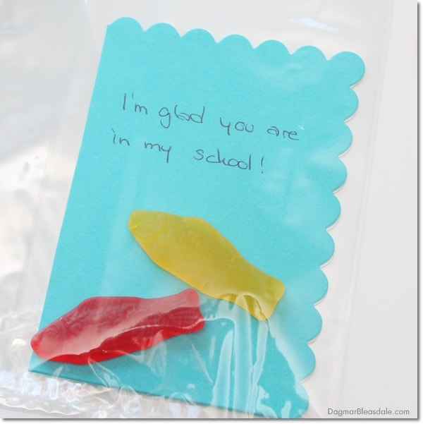 Valentine for kids with Swedish fish and blue note card in cellophane bag