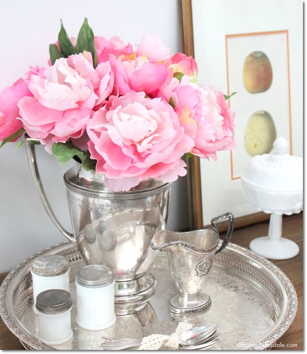 vintage silver tray and pitcher with peonies