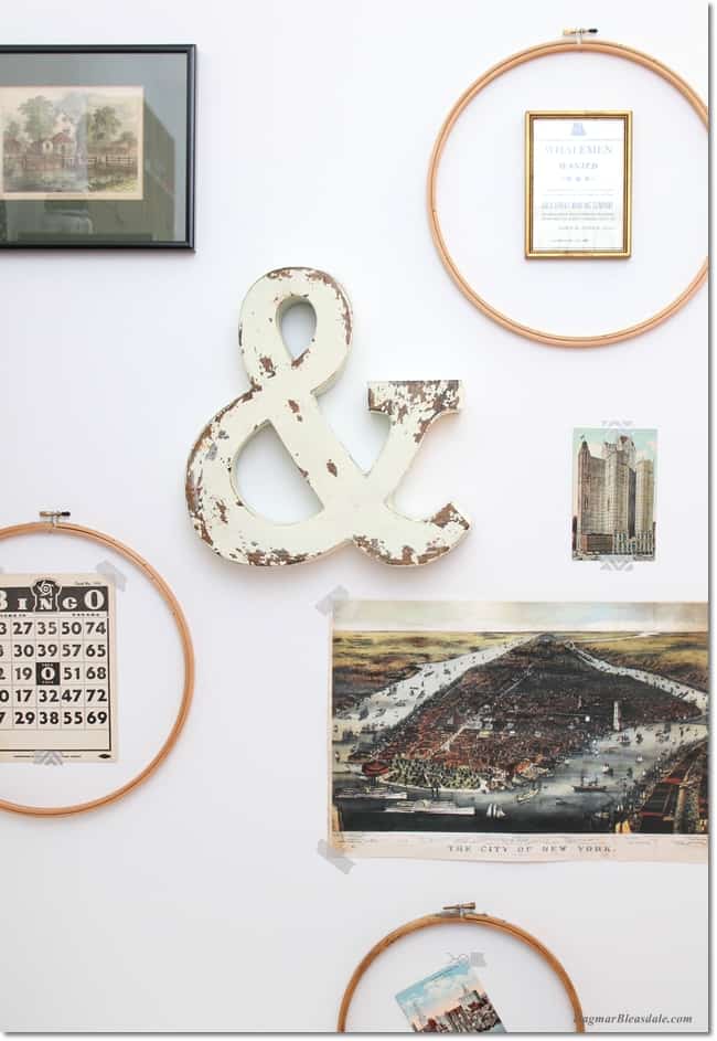 gallery wall with vintage embroidery hoops