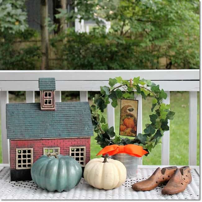Fall Home on crate, pumpkins and metal farmhouse