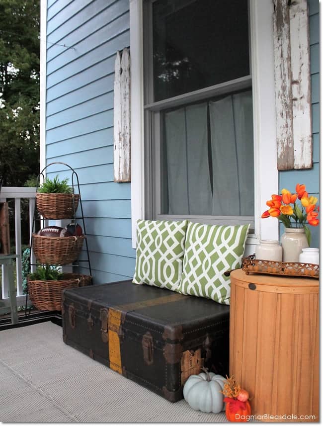 Fall decor on the Blue Cottage porch, trunk