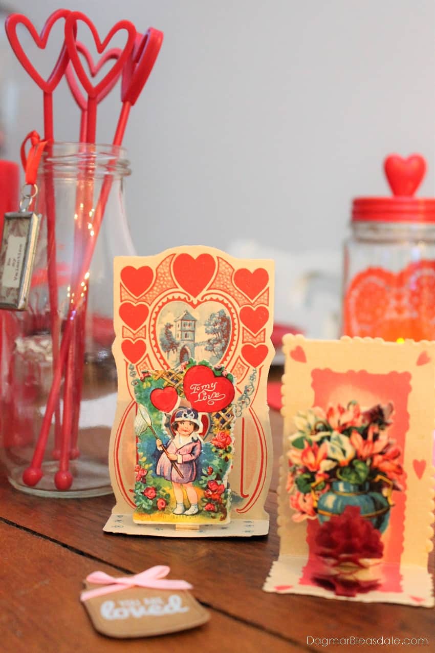 Valentine's Day vintage Valentines, stirrers with hearts in milk bottle 