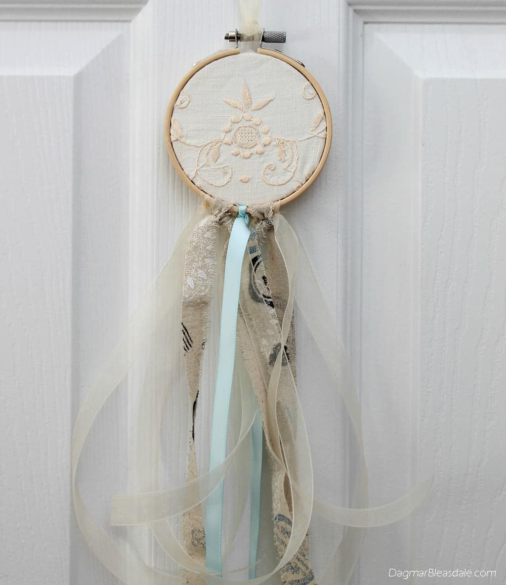 dreamcatcher with ribbon, doily, and embroidery hoop