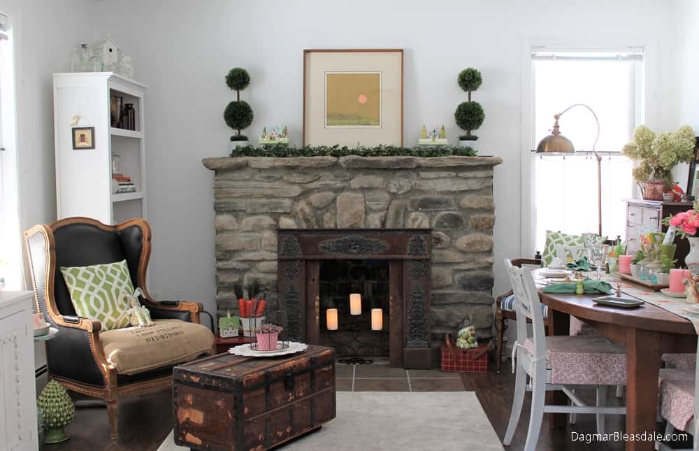 living room with fireplace, Easter Decor and Tablescape