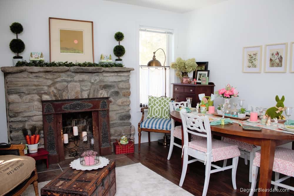 cottage living room with Easter decor and fireplace
