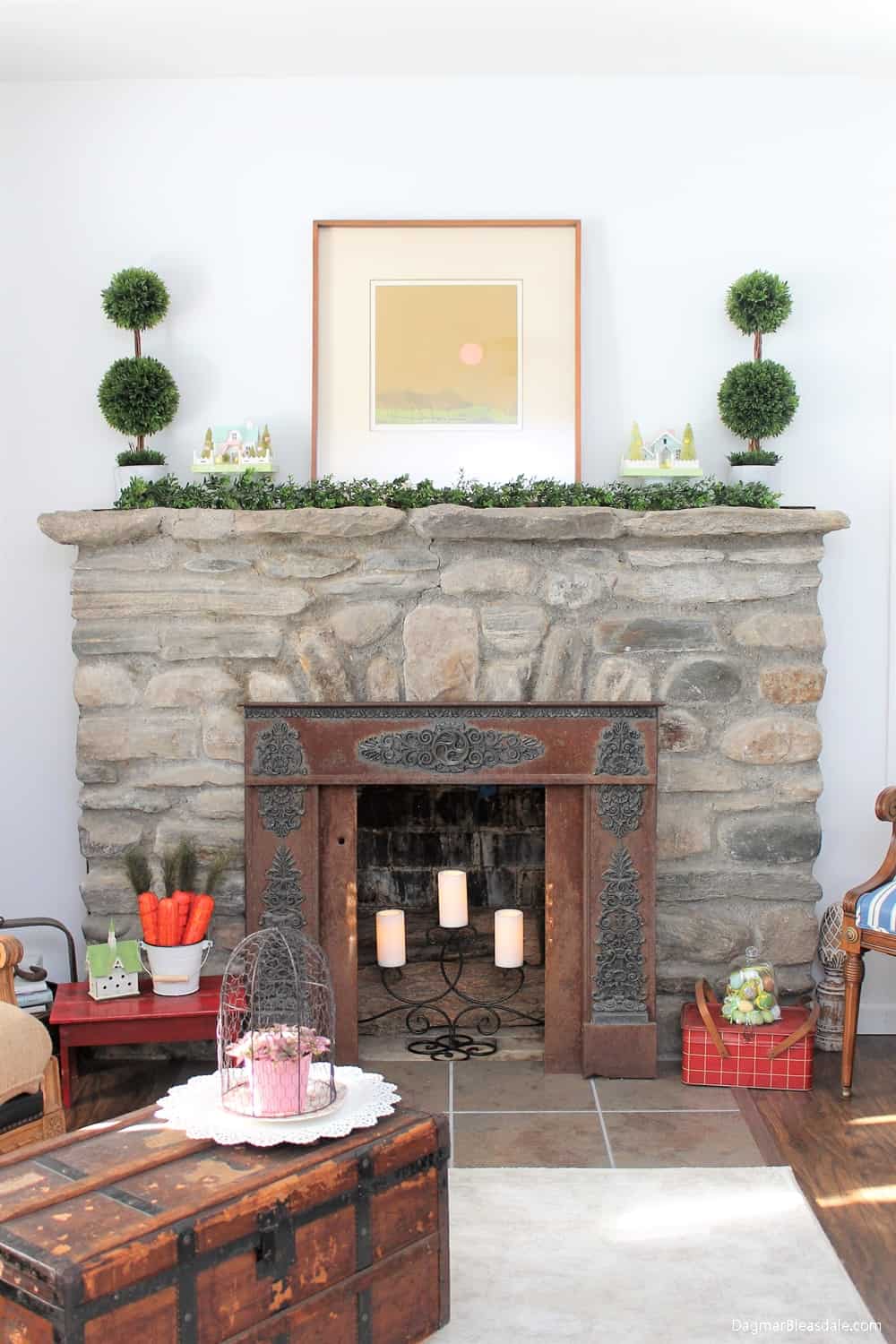 field stone fireplace with Easter decor