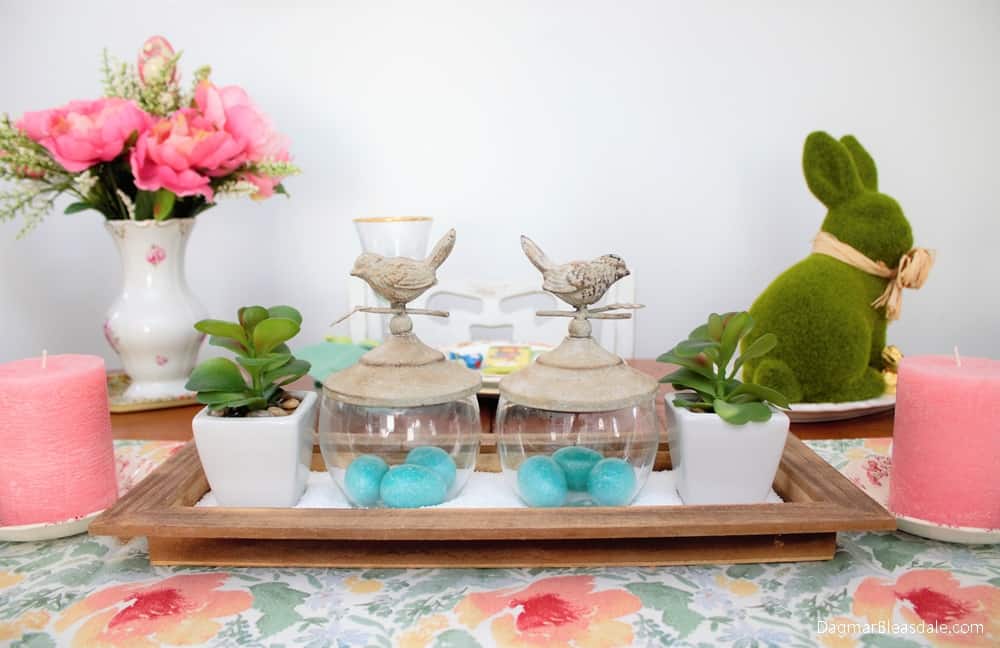 pastel Easter Tablescape with tray and grass bunny