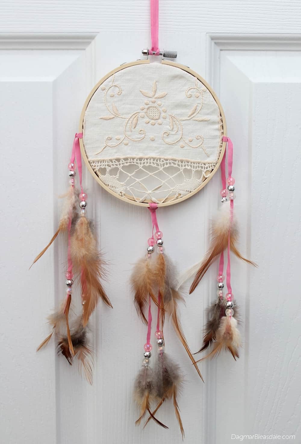 DIY dreamcatcher with lace, embroidry hoop, and ribbons,