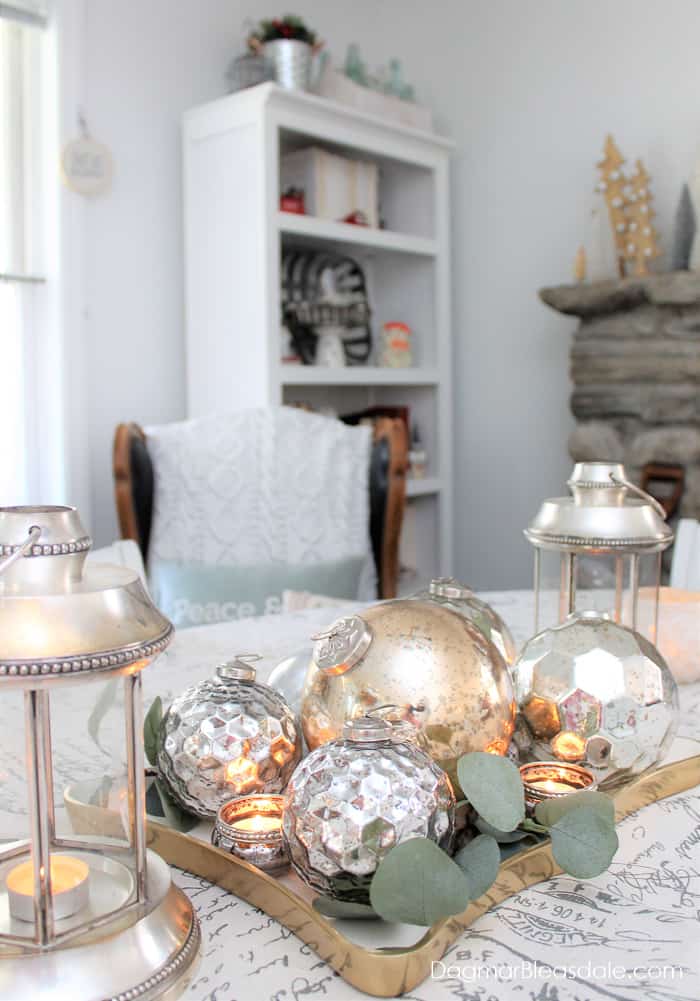 Christmas centerpiece with large silver ball ornaments