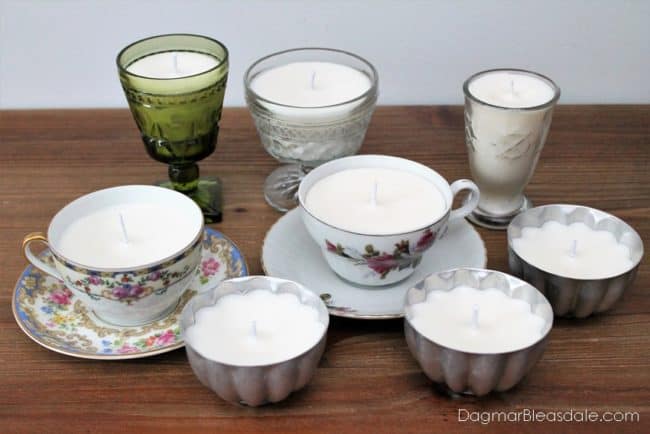 DIY Candle making tutorial using teacups, glasses, jello molds.