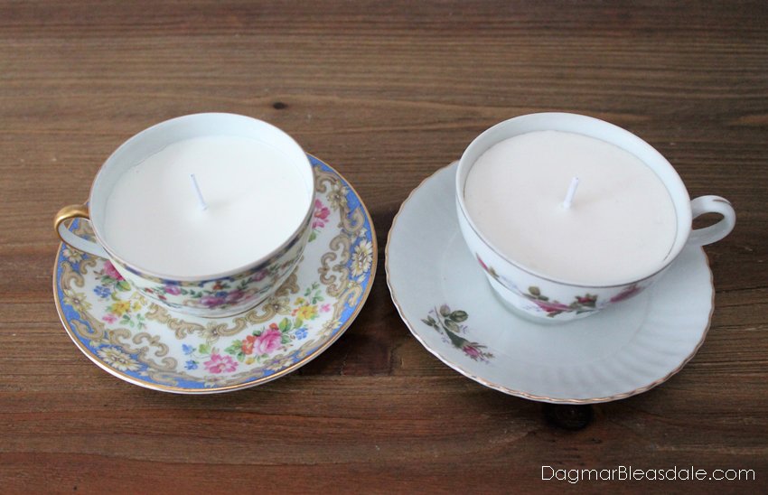 two floral treacups made into candles