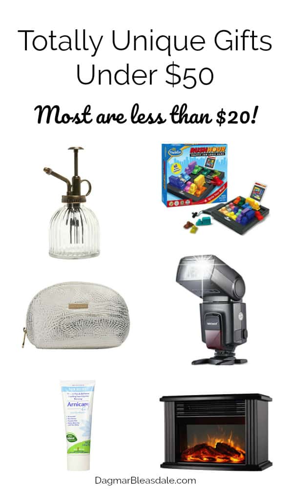 Gifts under $50, makeup bag, kids game, mister, heater